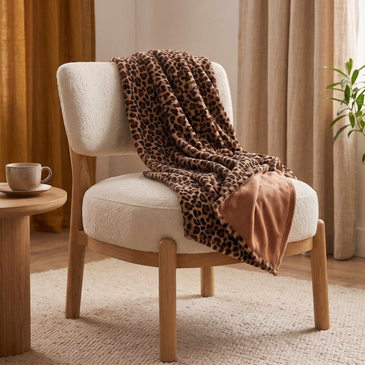 Plaid léopard doux double face jeté sur une chaise bouclette