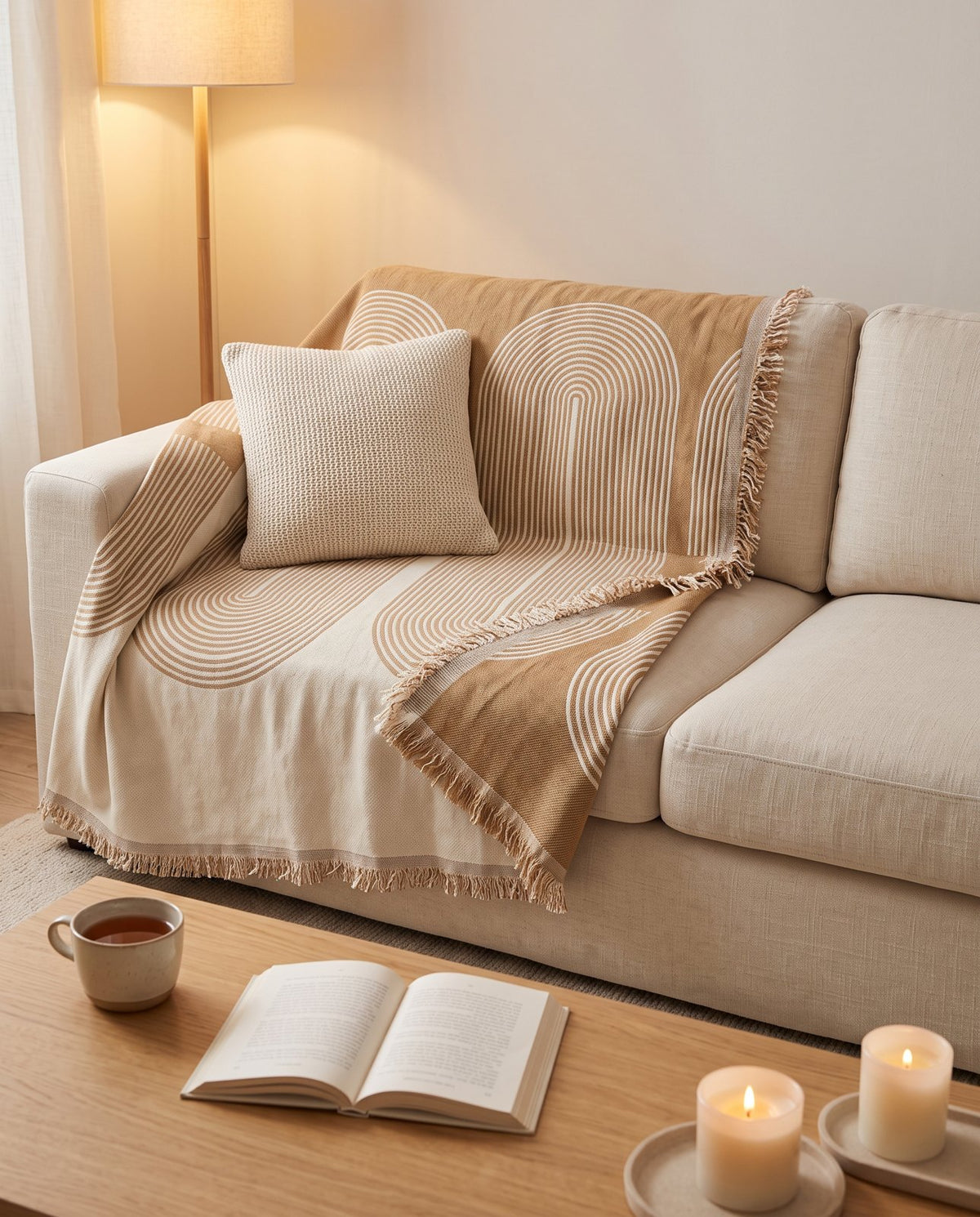 Couleur : Camel - plaid jacquard arches sur un canapé