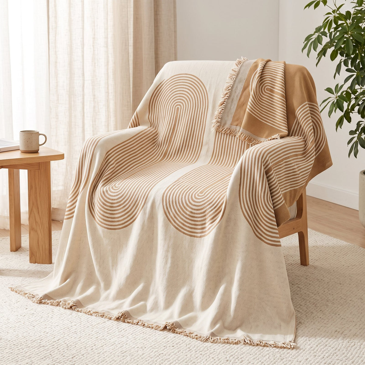 Couleur : Camel - format 180x180 cm sur un fauteuil
