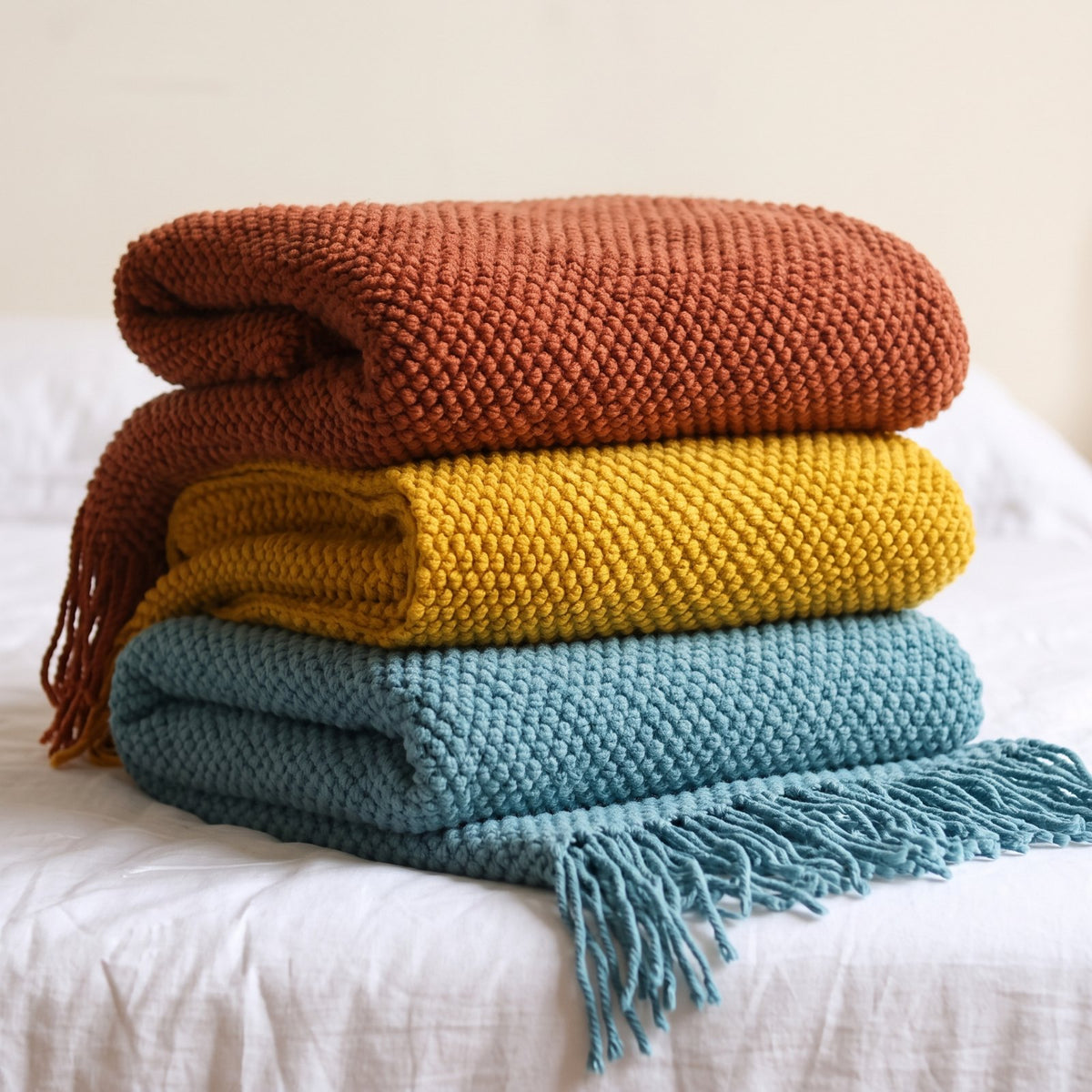 Couleur : Orange - les trois couleurs pliées sur un lit