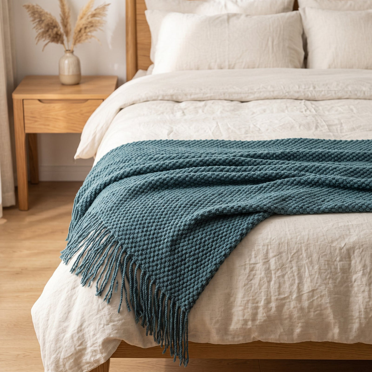 Couleur : Bleu canard - plaid posé sur un lit