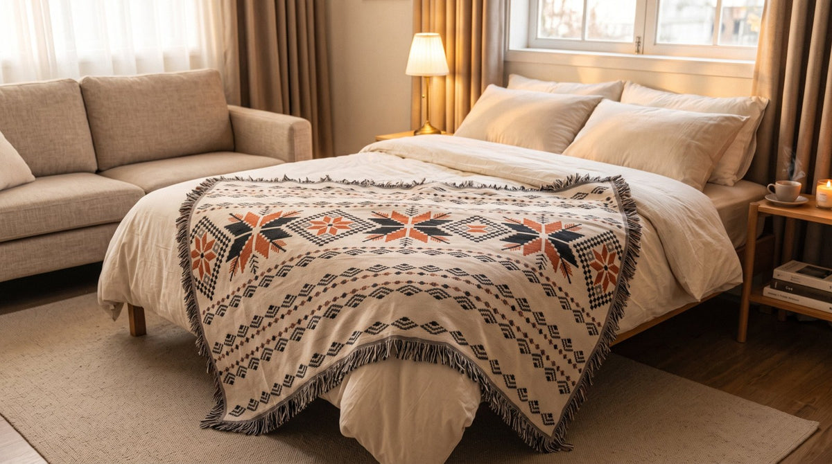 Couleur : Feuilles d'érable - plaid à franges posé sur un lit