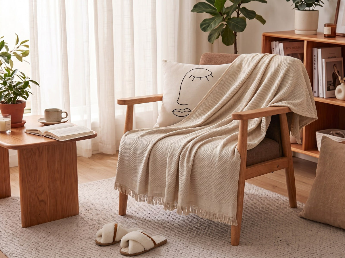 Couleur : Beige sable - Jeté beige sable drapé sur un fauteuil en bois