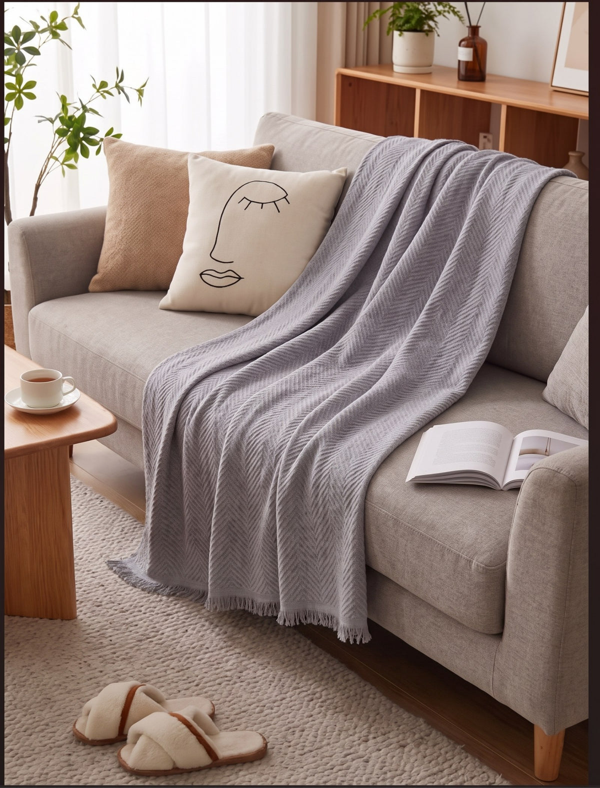 Couleur : Gris perle - Jeté gris perle drapé sur un canapé clair