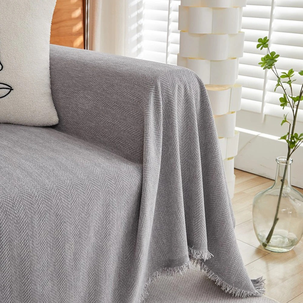 Couleur : Gris perle - Détail du tissage à chevrons et des franges