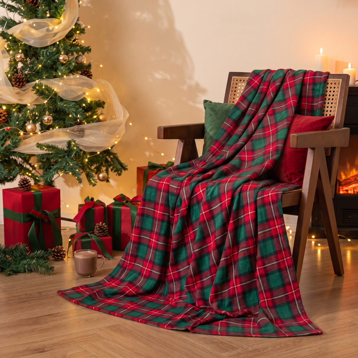 Couleur : Écossais vert et rouge - plaid sur un fauteuil près du sapin