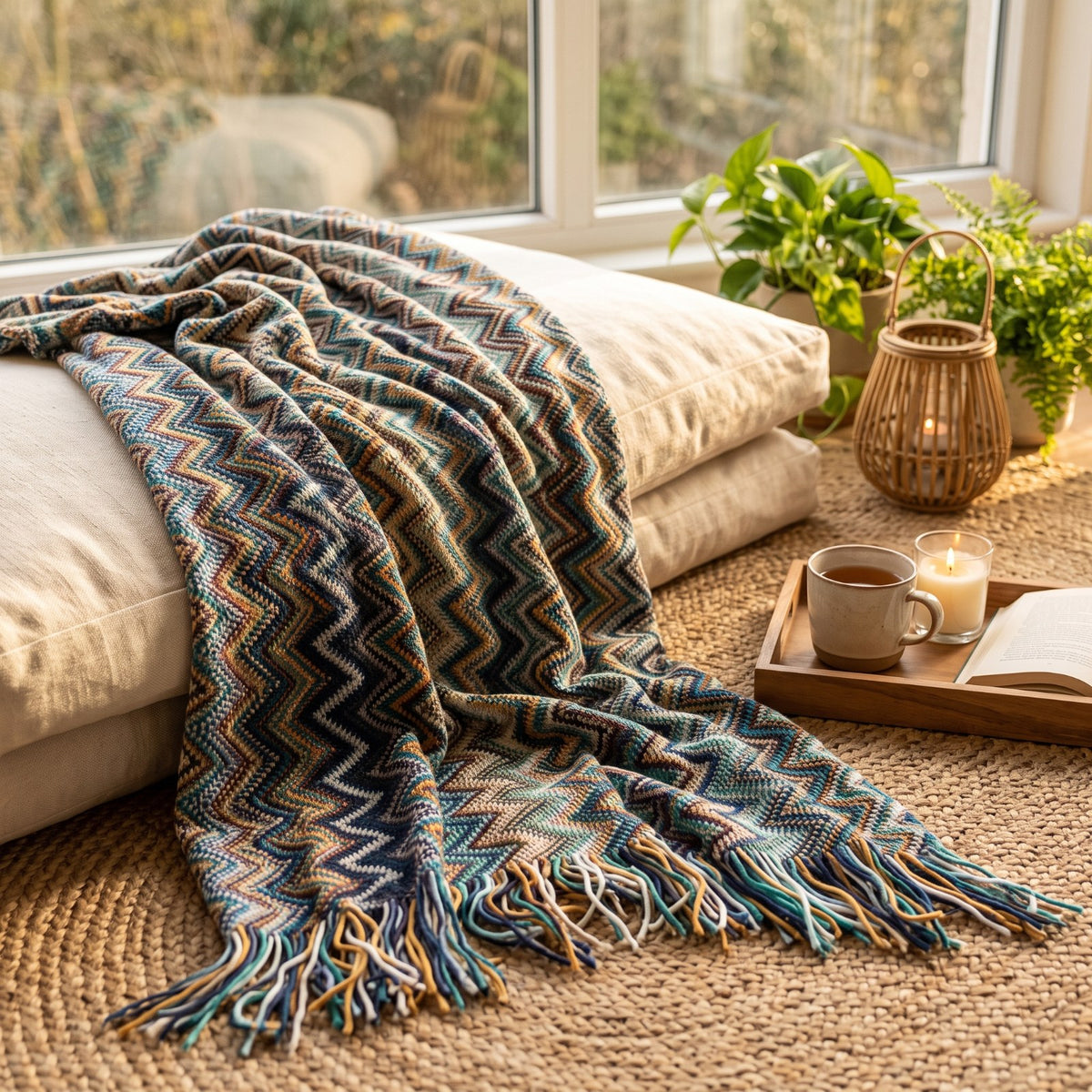 Couleur : Bleu - plaid bohème posé sur des coussins