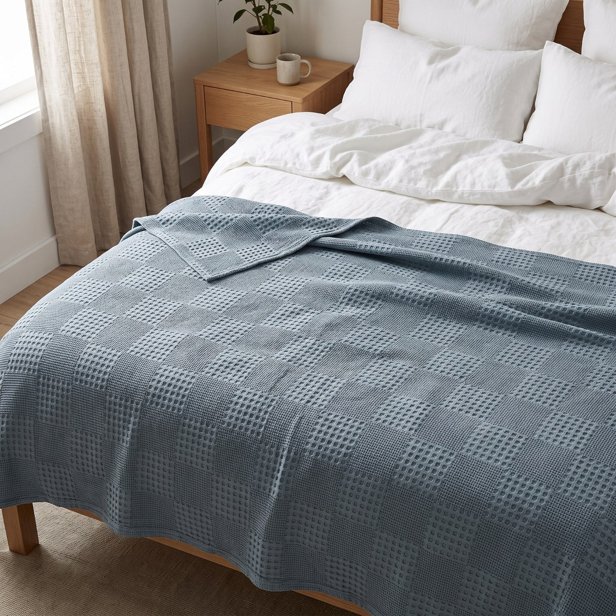 Couleur : Bleu lac - Plaid en coton gaufré bleu lac sur un lit en lin blanc