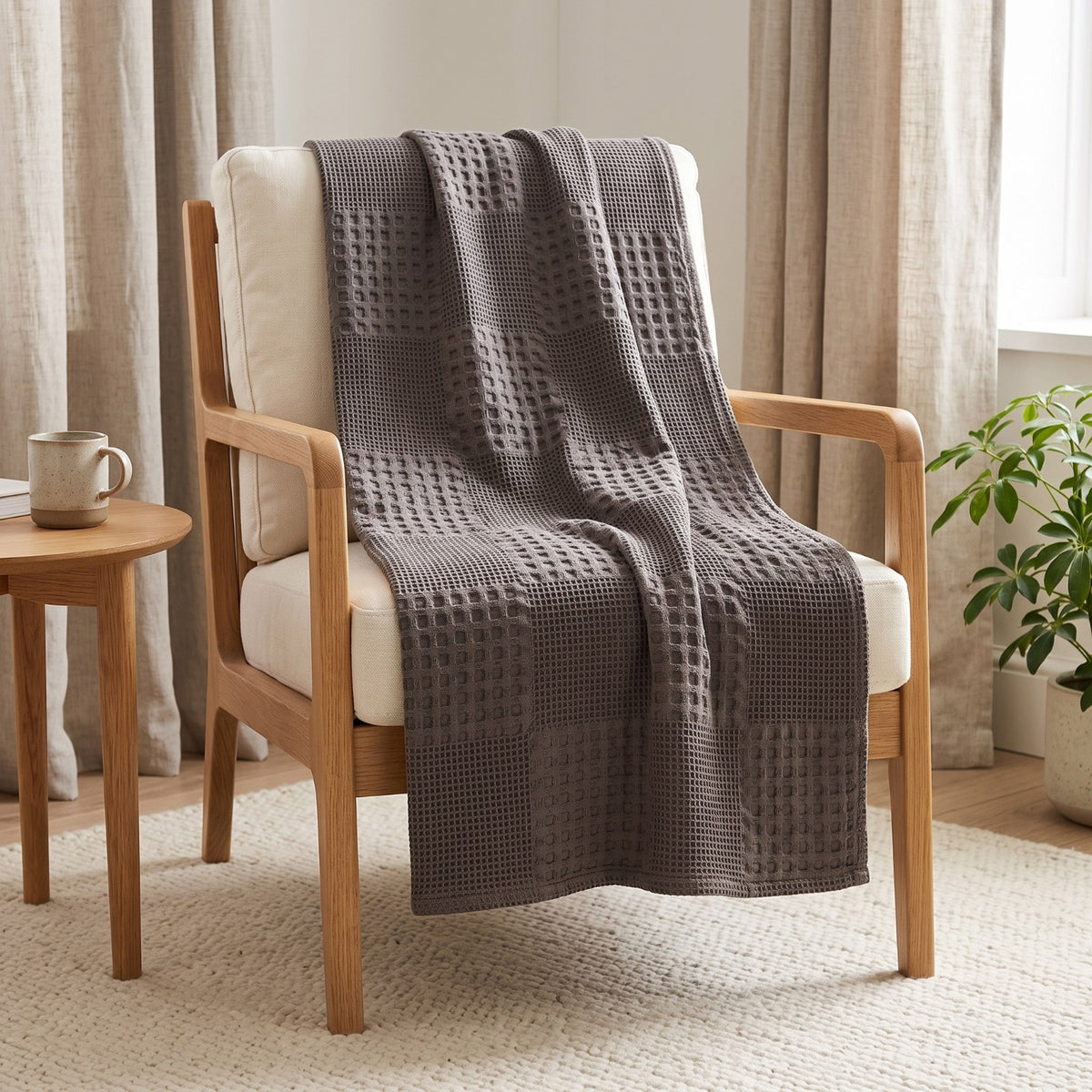 Couleur : Gris foncé - Plaid en coton gaufré gris foncé sur un fauteuil en bois