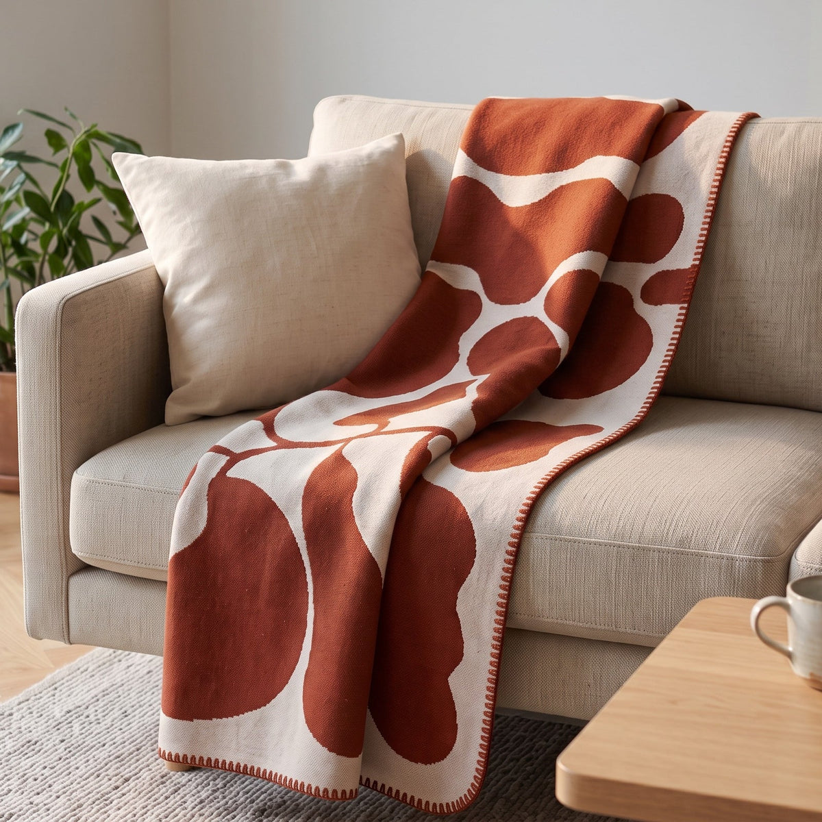 Couleur : Terracotta - plaid jacquard graphique sur un canapé en lin