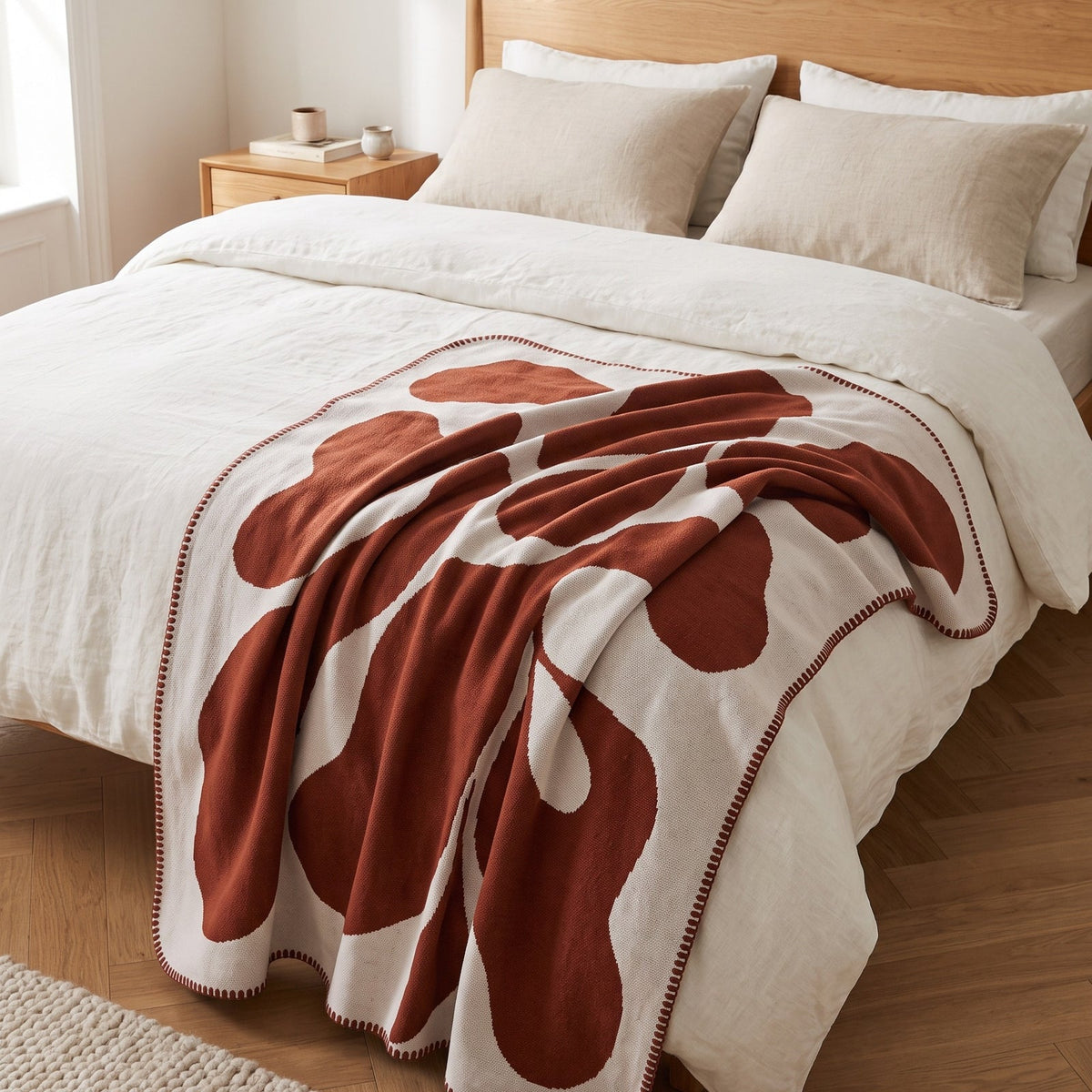 Couleur : Terracotta - plaid jacquard graphique posé au pied d'un lit