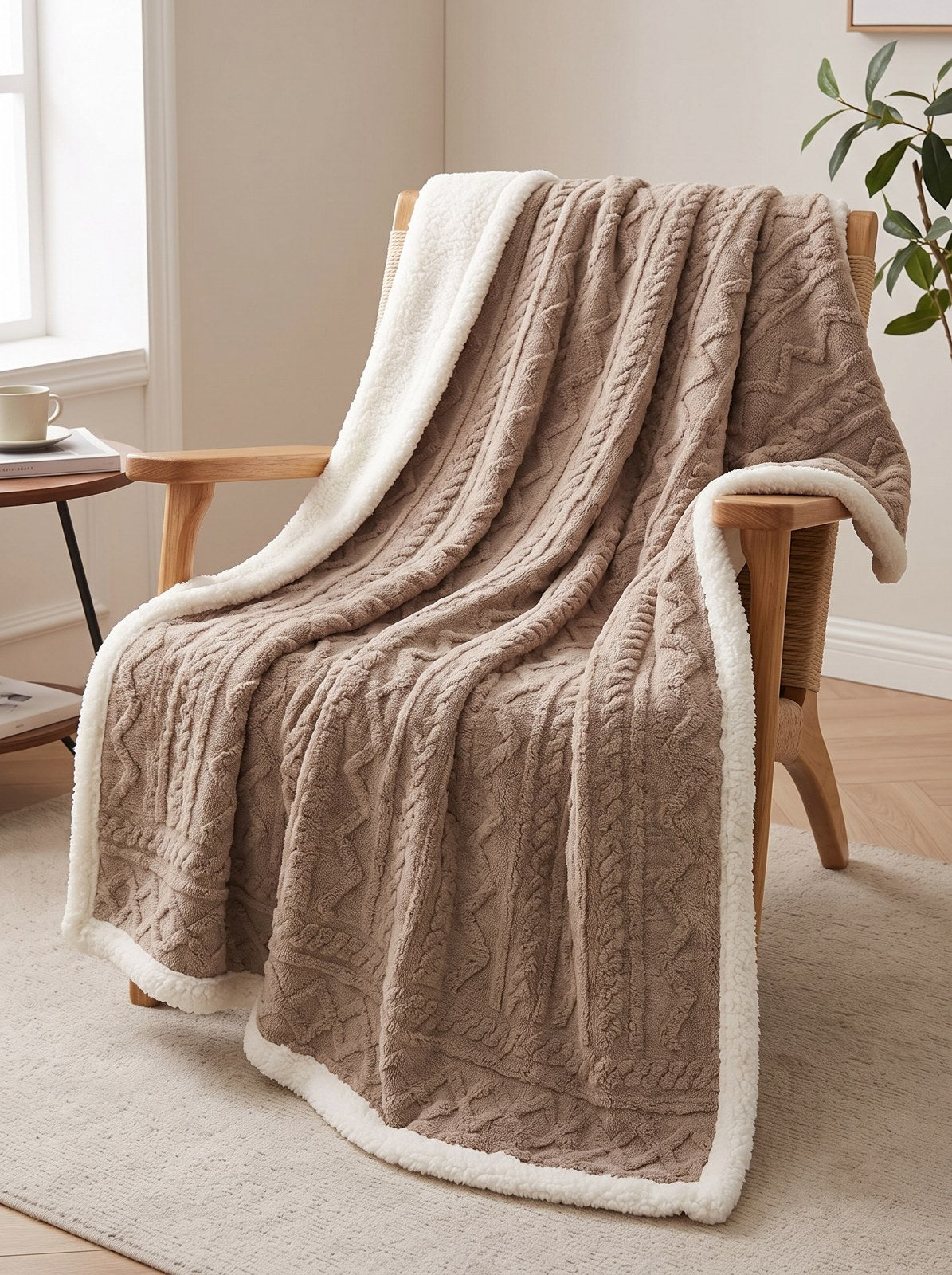 Couleur : Taupe - Plaid doublé sherpa taupe drapé sur un fauteuil en bois