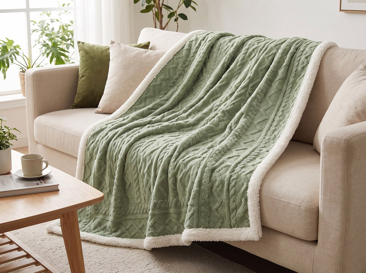 Couleur : Vert sauge - Plaid doublé sherpa vert sauge drapé sur un canapé