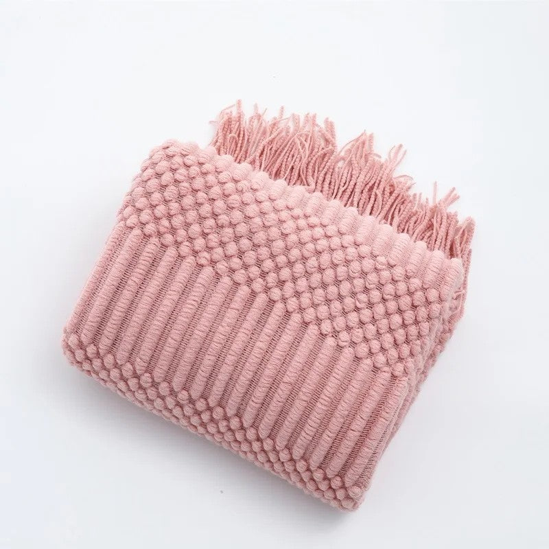 Couleur : Rose - plaid tricot relief plié avec ses franges